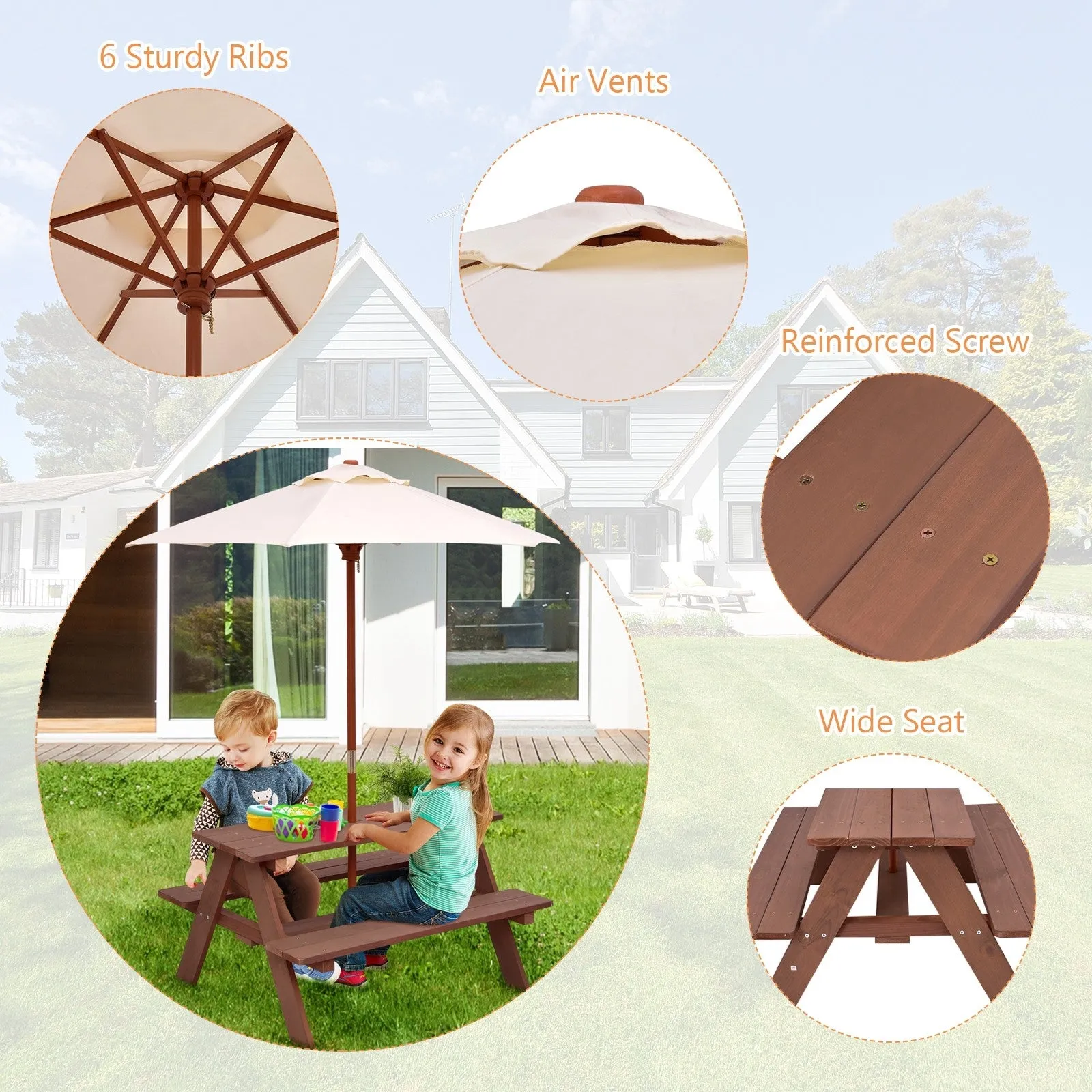 Outdoor 4-Seat Kid's Picnic Table Bench with Umbrella - Brown